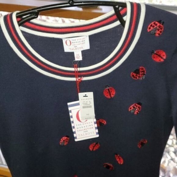 Talbots Oprah's Magazine Collection Sz XS Navy Blue Embroidered Lady Bug Sweater - Picture 7 of 10